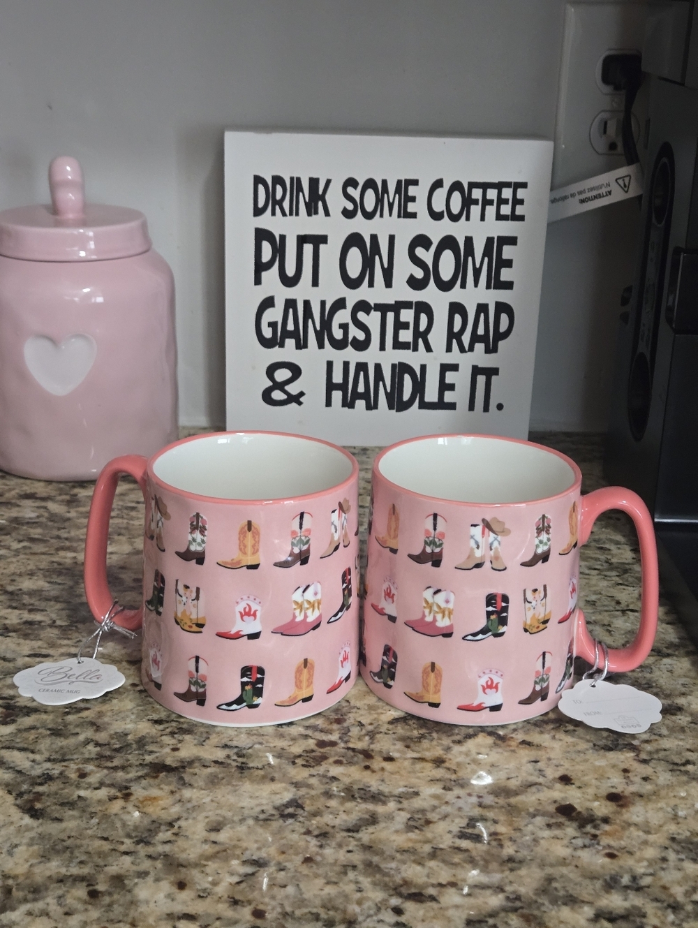New Pink Ceramic Mug Set with Colorful Western Boot Pattern